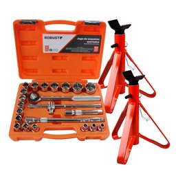 Combo Jogo de Soquetes Estriados 1/2 Pol. 8 a 32mm e Acessórios com 22 Peças + 2 Cavaletes de 2 Toneladas ROBUST-K5500
