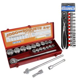Combo Jogo de Soquetes Estriado de 3/4 com 21 Peças + Jogo de Soquetes com Catraca 1/2 Pol. com 11 Peças FORTGPRO-k7041