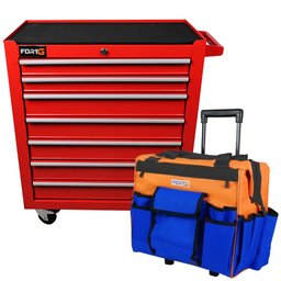 Combo Mala para Ferramentas 19 Bolsos + Carrinho Vermelho para Ferramentas com 7 Gavetas FORTGPRO-K8676