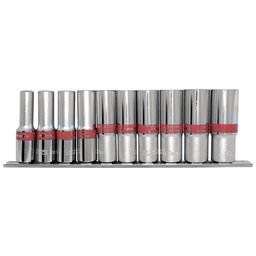 Jogo de Soquetes Sextavado Longos 10 - 22 mm 10 Peças Encaixe 1/2 Pol. com Suporte MTX-135909
