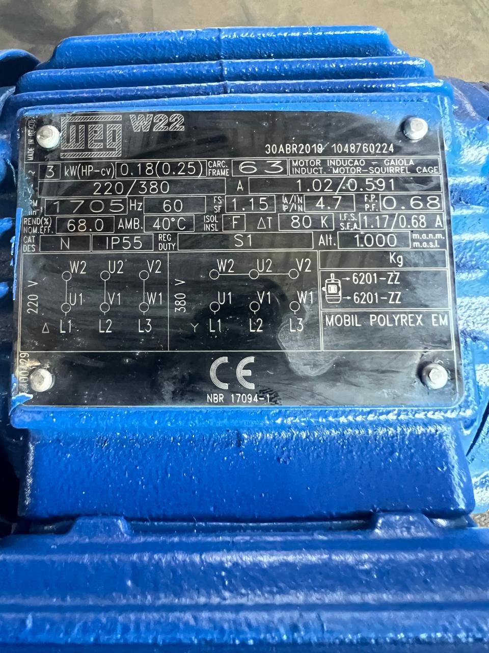 Motor elétrico 1/4 cv  0,25 hp Trif weg 1700rpm 4p